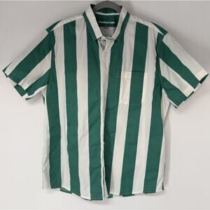 Bearbottom Marina Button Up Shirt Mens L Green White Stripes Casual Camp Stretch